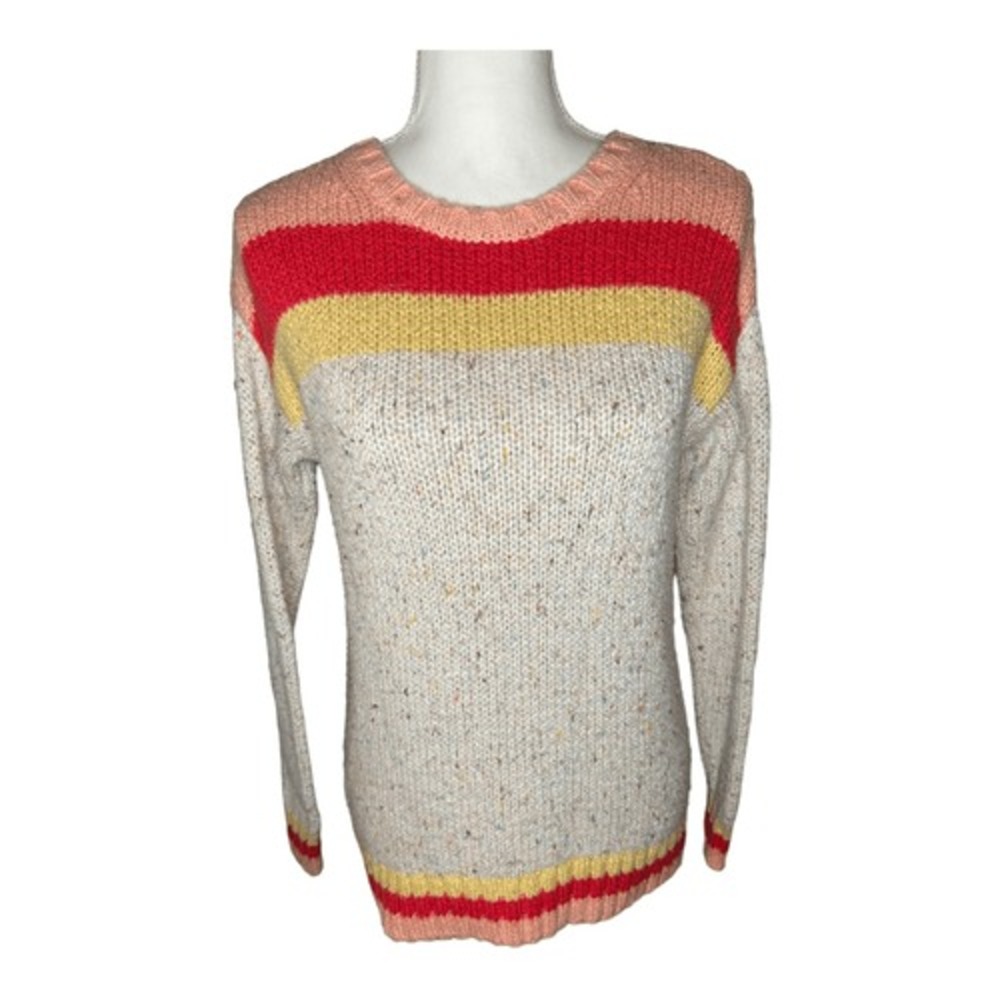 Loft Outlet Womens XS Striped Flecked Knit Crew Neck Sweater Cream Peach‎ Red - Picture 2 of 7